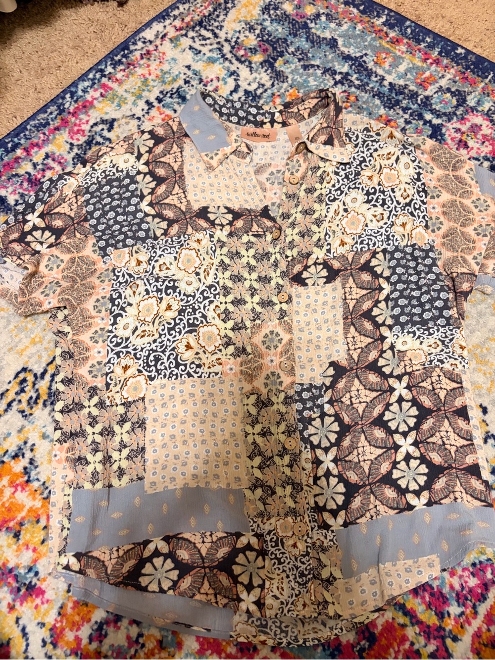 Willow & Root short-sleeve patchwork button-up shirt